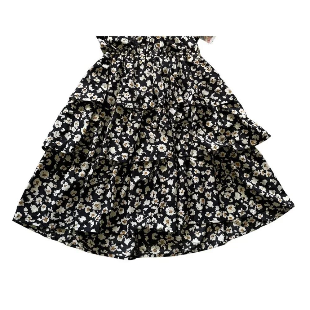 Prettygarden Womens Black Floral Halter Tiered Ruffle Dress M Cottagecore Party - Picture 3 of 8